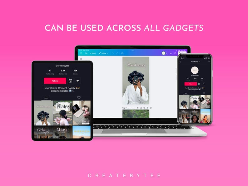 May include: A mockup of a social media post on a laptop, tablet, and phone. The post features a woman in a white robe with the text "Haircare" above her. The post is also displayed on a tablet and phone with a grid of other social media posts.
