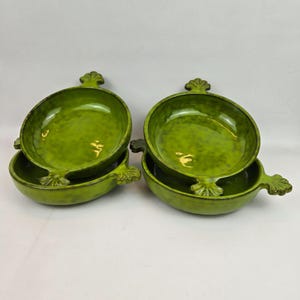 VTG Ensemble de 4 bols à soupe à la crème avec manche italien, poterie chinée vert MCM 7 po. de diamètre