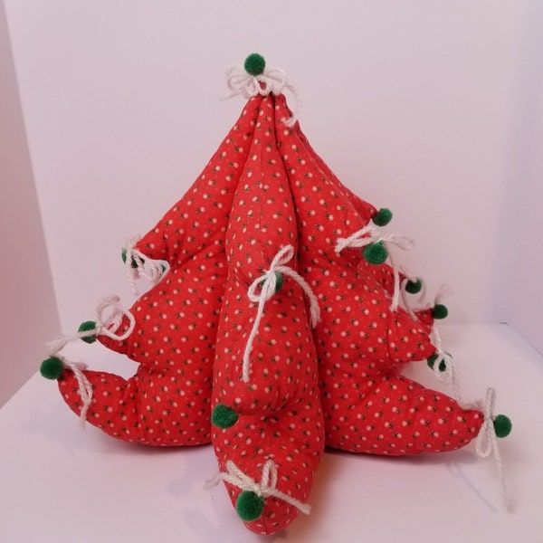 Vintage 3D Stuffed Red Fabric Christmas Tree 6 Branch Green Pompoms Handmade 14"