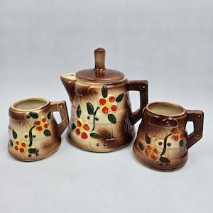 Butter Churn Teapot and Mugs American Bisque McCoy Vintage Pottery Brown Floral