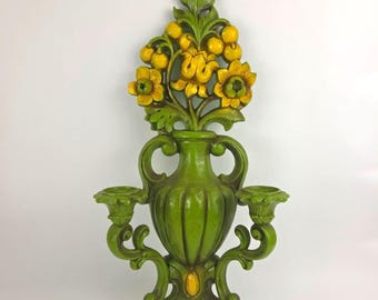 Retro 1968 bloemen wandkandelaar dubbele kandelaar groen geel Homco USA 20"