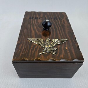 Cottage Core Wood Recipe Box Hand Made Lift Off Lid Eagle Glass Knob Vintage 8.5