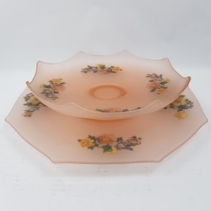 Antique Vintage Pink Satin Frosted Depression Glass Octagon Painted Bowl & Plate