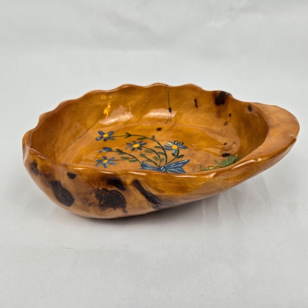 Burl Wood Bowl Hand Carved Painted Turned Tree Trunk Root Folk Boho Signed 2001