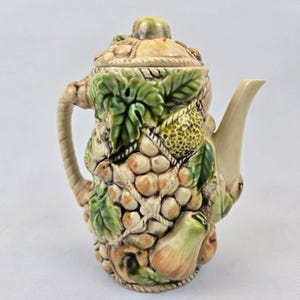 Vintage Tilso Coffee Teapot Hand Painted Majolica Fruit Design Ceramic Japan