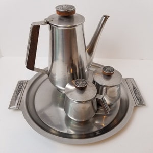 Coffee Tea Pot, Sugar Bowl, Creamer Tray Set International Decor Stainless MCM