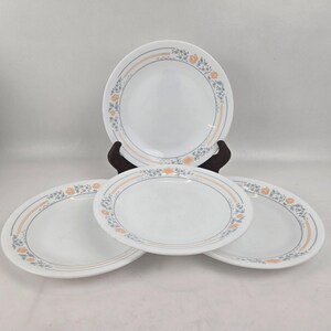Può includere: Un set di quattro piatti in ceramica bianca. Ogni piatto presenta un motivo floreale con accenti arancioni e grigi. I piatti hanno un design semplice ed elegante, adatto per l'uso quotidiano o per occasioni speciali.