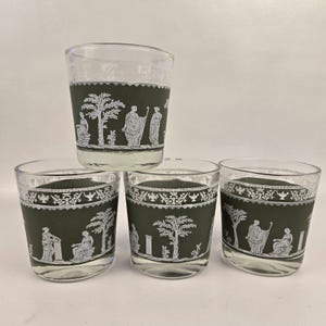 Vintage JEANETTE Wedgewood Jasperware Grecian Glass LOW BALL Tumbler Set Of 4