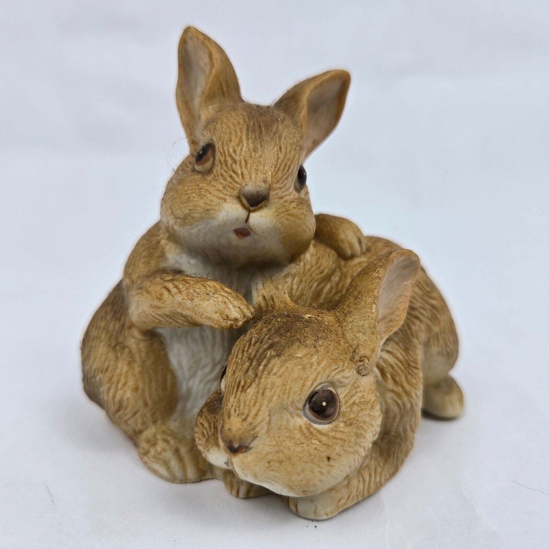Homco Home Interiors Pair of Snuggly Brown Bunny Rabbits Figurine ...