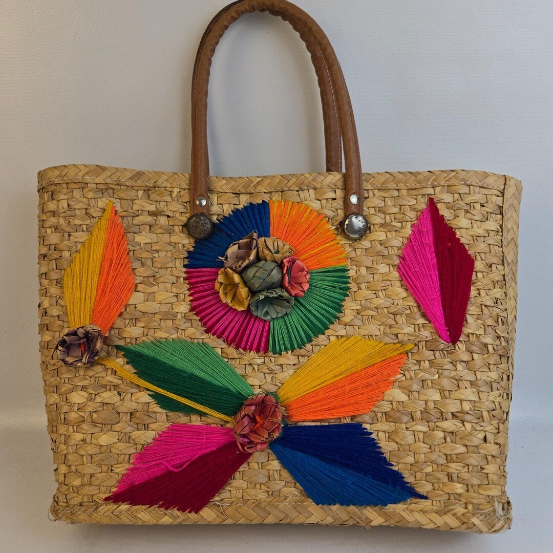 Vintage Woven Straw Raffia Hand Bag Floral Geometric Bright Designs ...