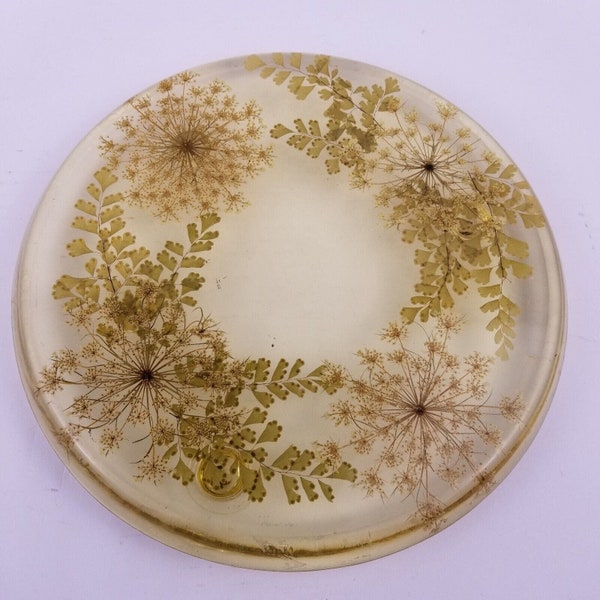 Acrylic Resin Lucite Hotplate Trivet Footed Dried Pressed Flower Fern VTG 10”