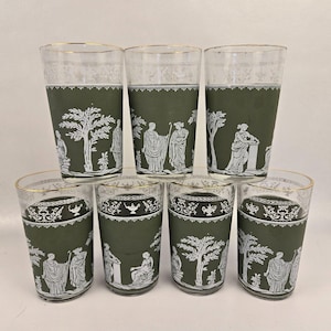 Jeanette Wedgwood Jasperware Grecian Juice Glass Set-7 22K Gold Trim Green 4 oz