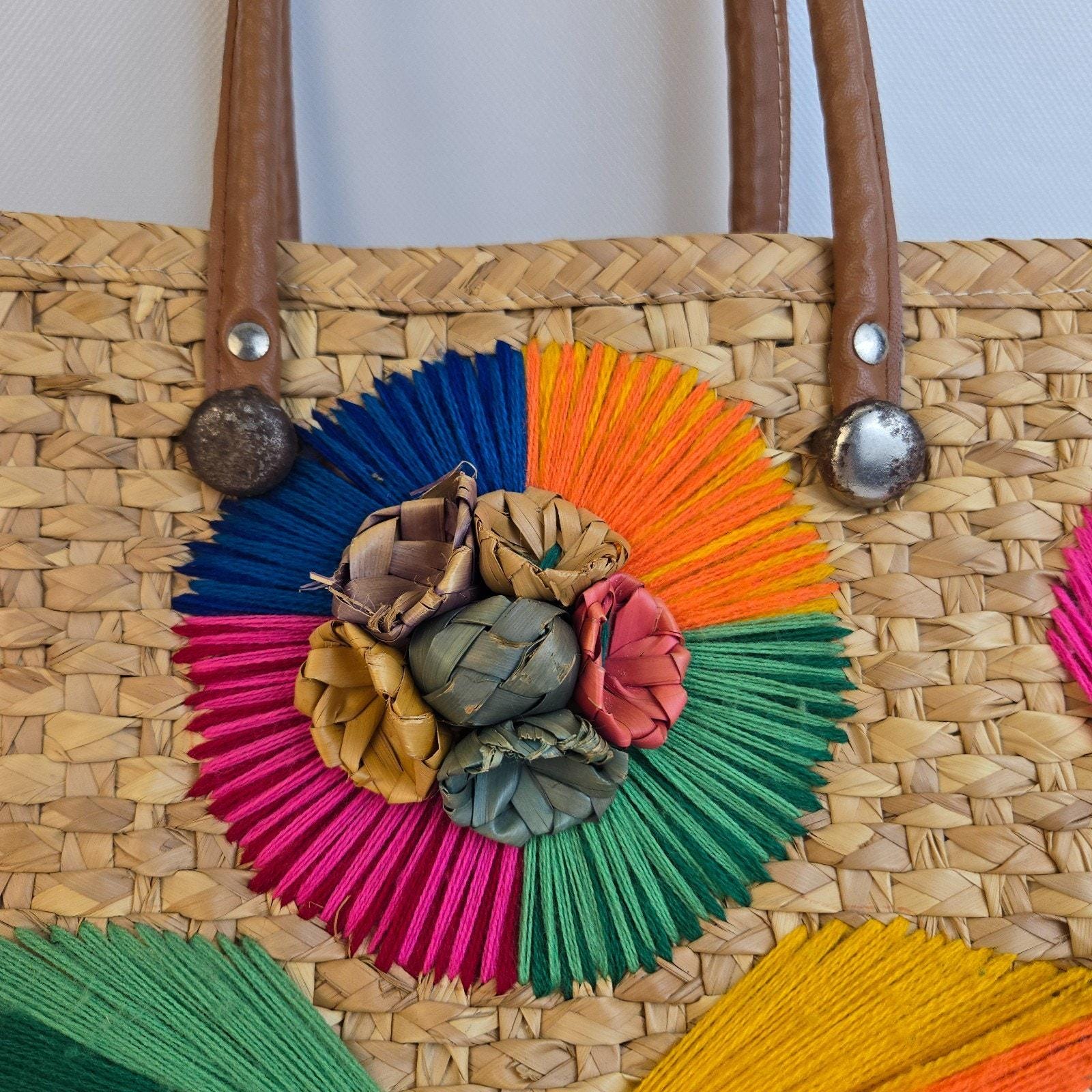 Vintage Woven Straw Raffia Hand Bag Floral Geometric Bright Designs ...
