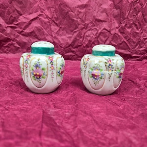 Salt and Pepper Shakers Hand Painted Floral Vintage Porcelain Cork Stoppers 2 in