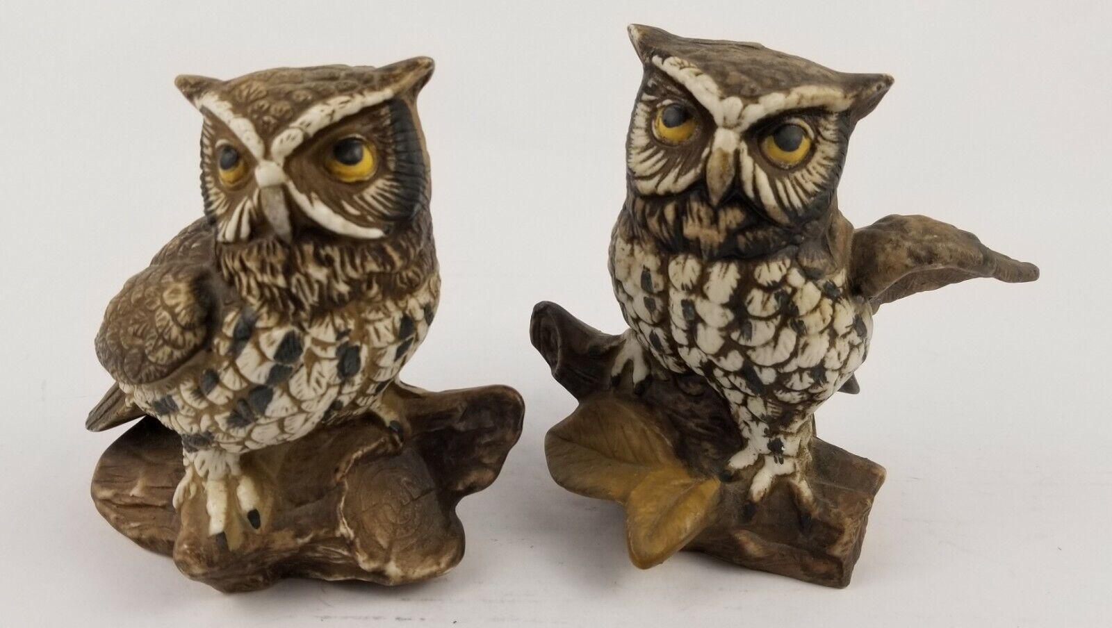 Vintage Homco #1114 Porcelain Owl on Log Branch Figurines - Set of 2