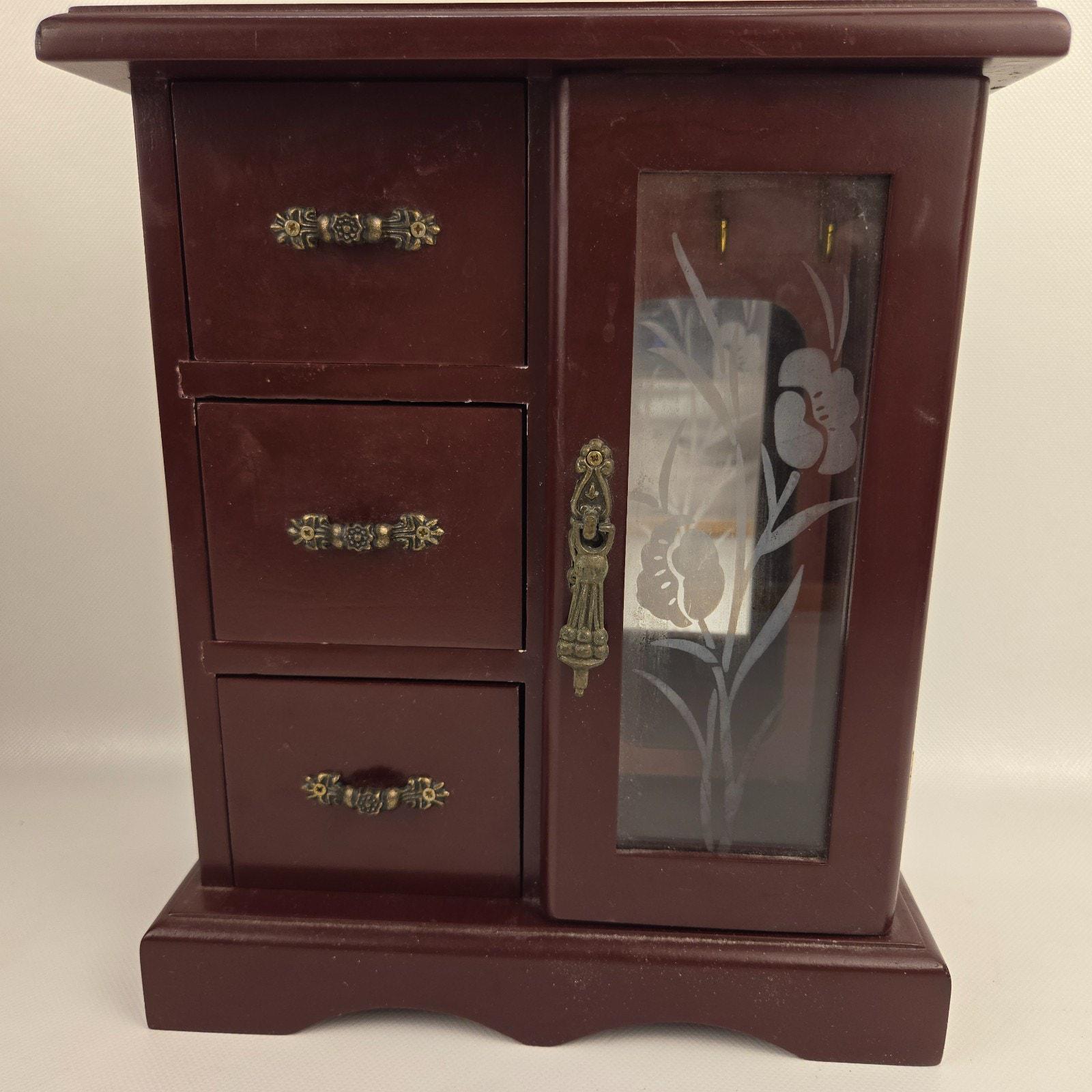 Wooden Jewelry Box Armoire Glass Door Painted Flowers Carousel 3