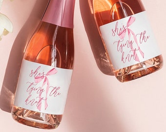 Tying the Knot Bachelorette Decor, Bridal Shower Party Favors, Bridal Party Wine Labels, Bow Bridal Mini Champagne Labels,Wedding Wine Label