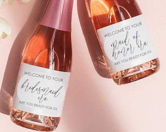 May include: Three mini bottles of champagne with white labels that say "Welcome to your bridesmaid/maid of honor/matron of honor, are you ready for it?" The bottles are on a pink background with white orchid flowers.