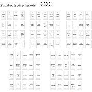 May include: A set of 100 printable spice labels with black text on a white background. The labels are arranged in a grid pattern and include common spice names such as black pepper, garlic powder, and oregano.