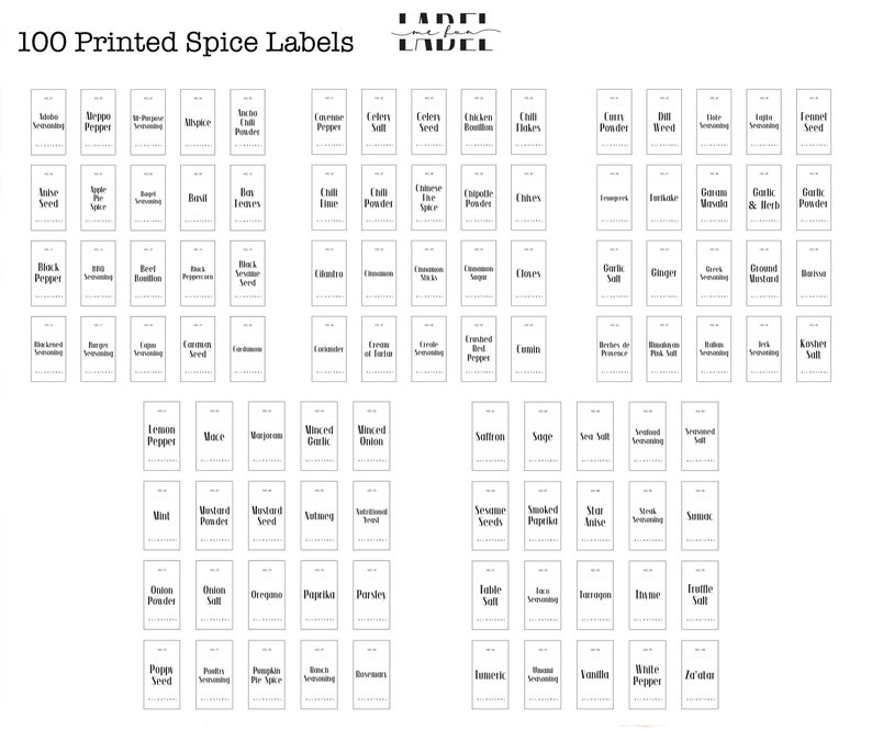 May include: A set of 100 printable spice labels with black text on a white background. The labels are arranged in a grid pattern and include common spice names such as black pepper, garlic powder, and oregano.