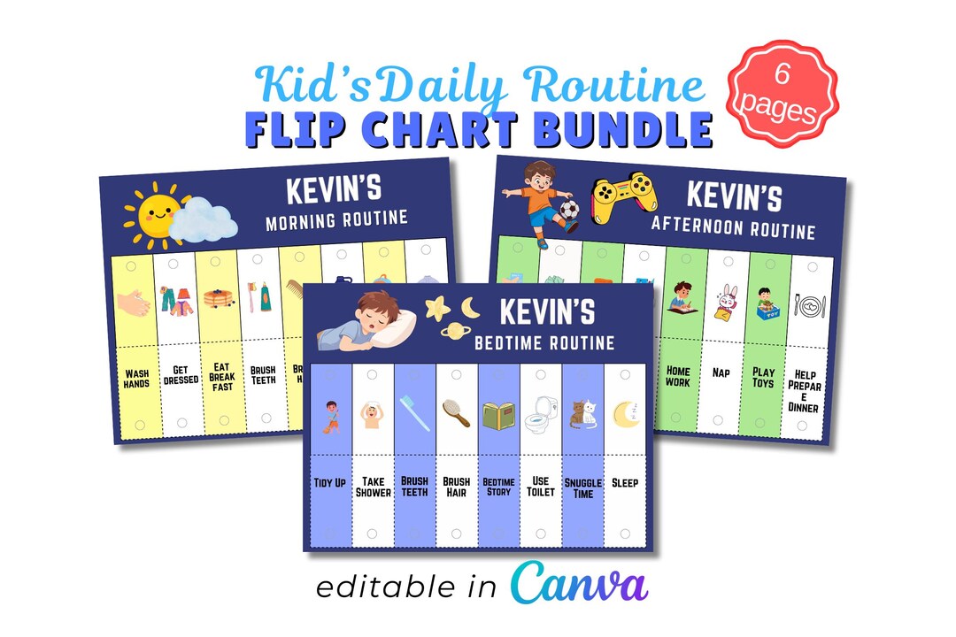 File Folder Routine Chart Kids Kids Daily Routine Flip Chart, Editable Canva Template (PDF Download ...