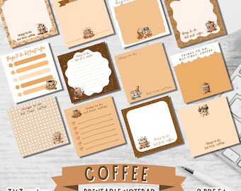 Könnte beinhalten: Ein druckbarer Notizblock mit 9 verschiedenen Designs mit Kaffeetassen und dem Text "things to do, but first, coffee". Der Notizblock ist 3x3 Zoll groß und wird als 2 PDF-Dateien zum Download angeboten.