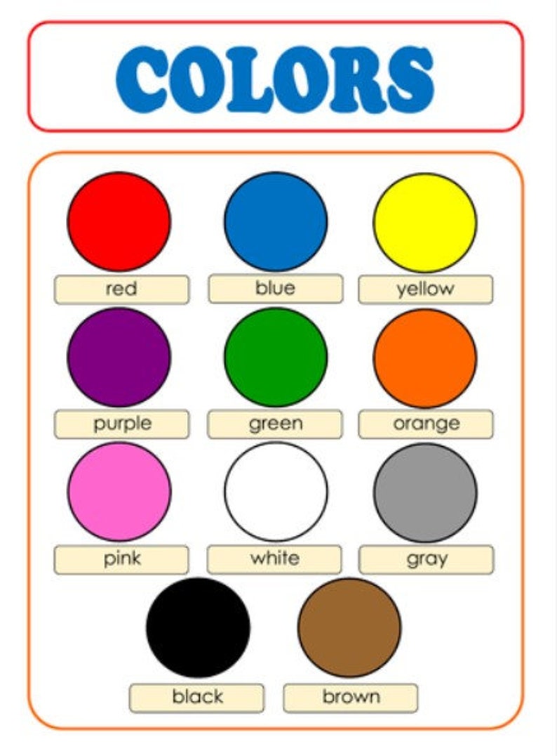 May include: A chart with the word "COLORS" at the top and 12 colored circles with the name of each color written below. The colors are red, blue, yellow, purple, green, orange, pink, white, gray, black, and brown.