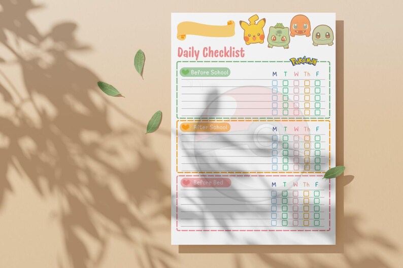 Pokemon Kids Daily Checklist, Chore Chart, Printable PDF (A4, 8.5x11 ...