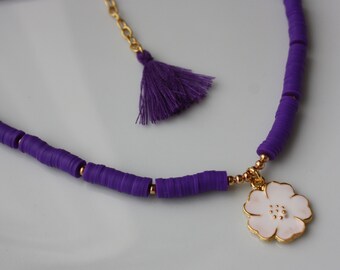 purple fimo necklace with flower figures
