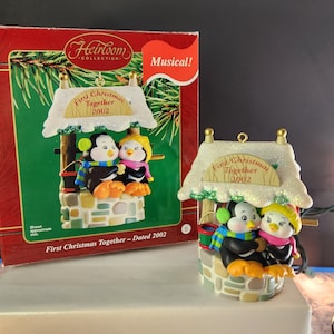 2002 Carlton Cards First Christmas Together Vintage Musical Dated Ornament Penguin Wishing Well
