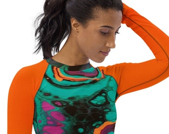 Women's Rash Guard abstract art print orange sleeves Woman kayaking rashguard , surfing rashguard , Beach Rash Guard , Fishing base layer