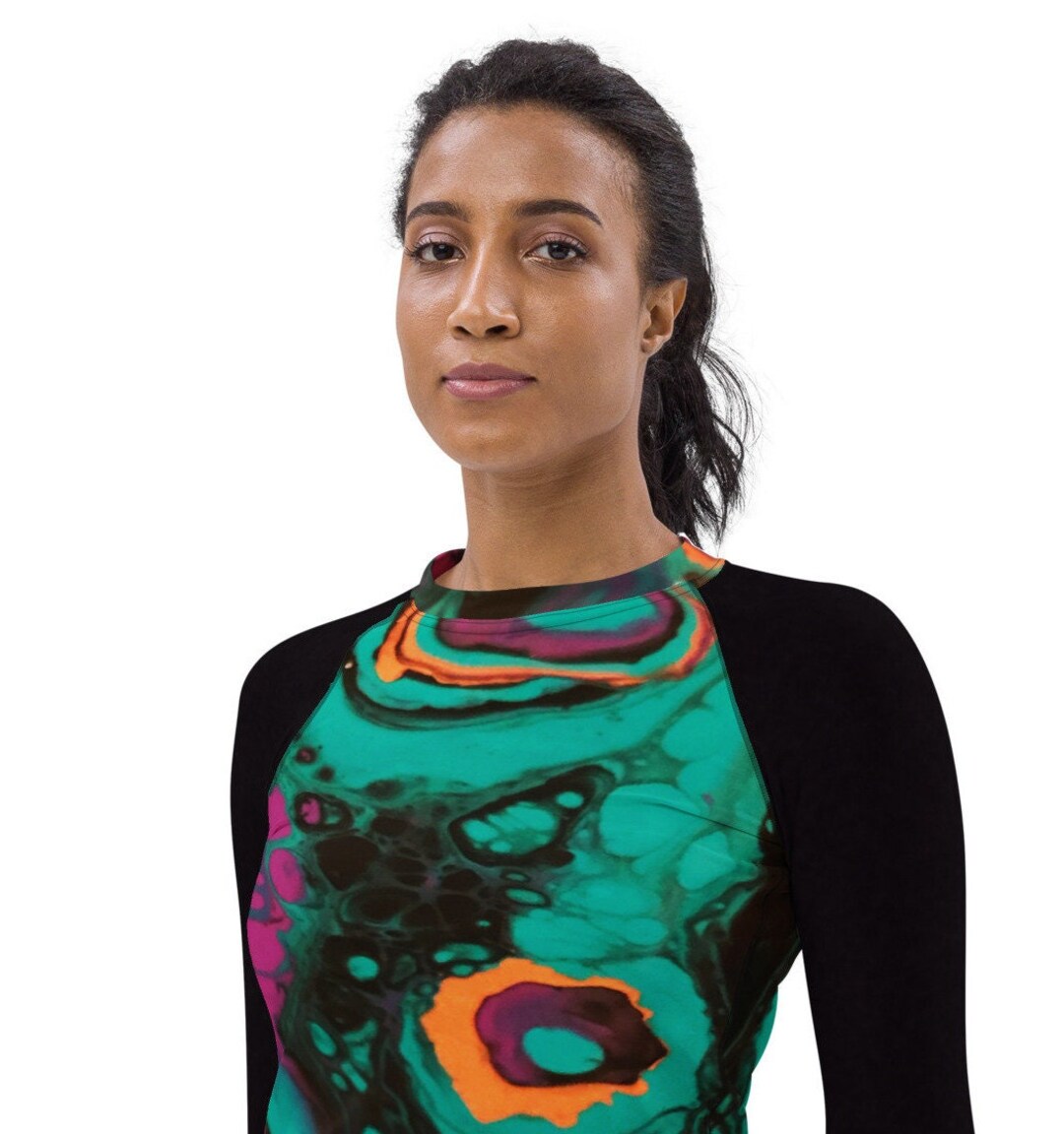 Women's Rash Guard Abstract Art Print With Black Sleeves Woman Kayaking ...