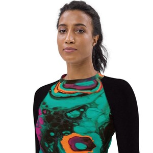 Women&#39;s Rash Guard abstract art print with black sleeves Woman kayaking rashguard , surfing , Beach Rash Guard , Fishing base layer