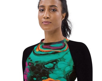 Women's Rash Guard abstract art print with black sleeves Woman kayaking rashguard , surfing , Beach Rash Guard , Fishing base layer