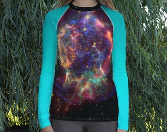Women's Rash Guard Galaxy print, hot teal Woman kayaking rash guard surfing rashguard
