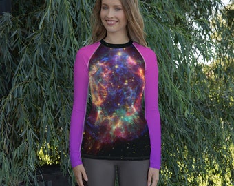 Women's Rash Guard Galaxy print, hot pink Woman kayaking rash guard surfing rashguard