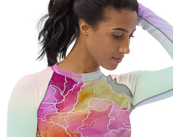 Women's Rash Guard abstract art print pink sleeves Woman kayaking rashguard , surfing rashguard , Beach Rash Guard , Fishing base layer