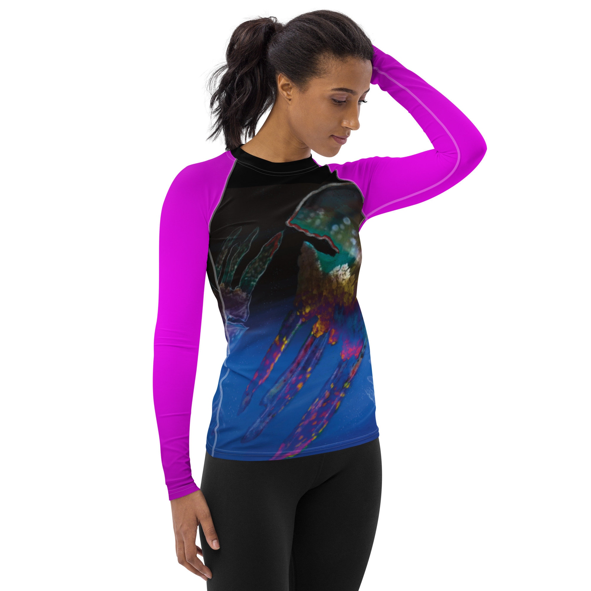 Women's Rash Guard Abstract Art Print Pink Sleeves Woman Kayaking ...