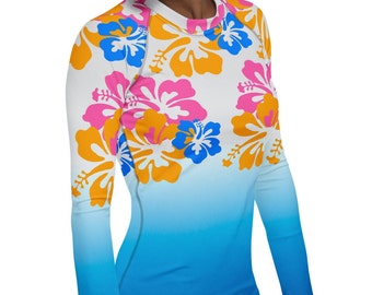 Women's Rash Guard Hawaiian print, Woman kayaking rash guard surfing rashguard