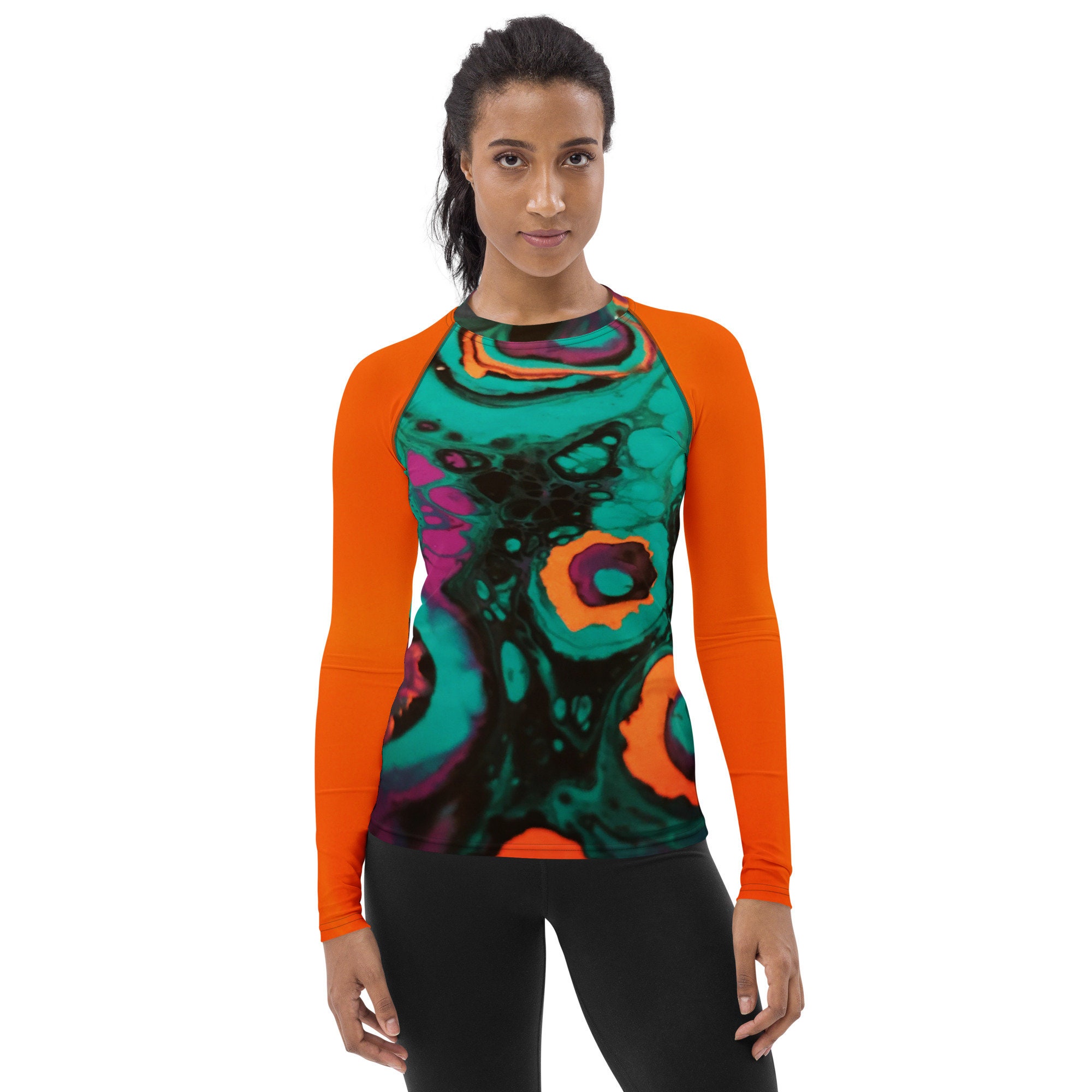 Women's Rash Guard Abstract Art Print Orange Sleeves Woman Kayaking ...