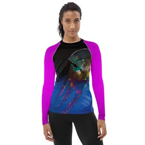 Women&#39;s Rash Guard abstract art print pink sleeves Woman kayaking rashguard , surfing rashguard , Beach Rash Guard , Fishing base layer