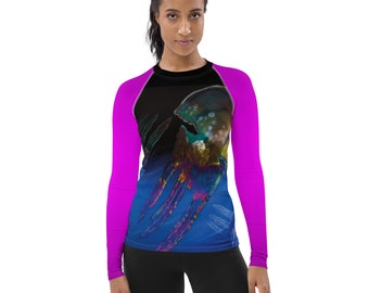Women's Rash Guard abstract art print pink sleeves Woman kayaking rashguard , surfing rashguard , Beach Rash Guard , Fishing base layer