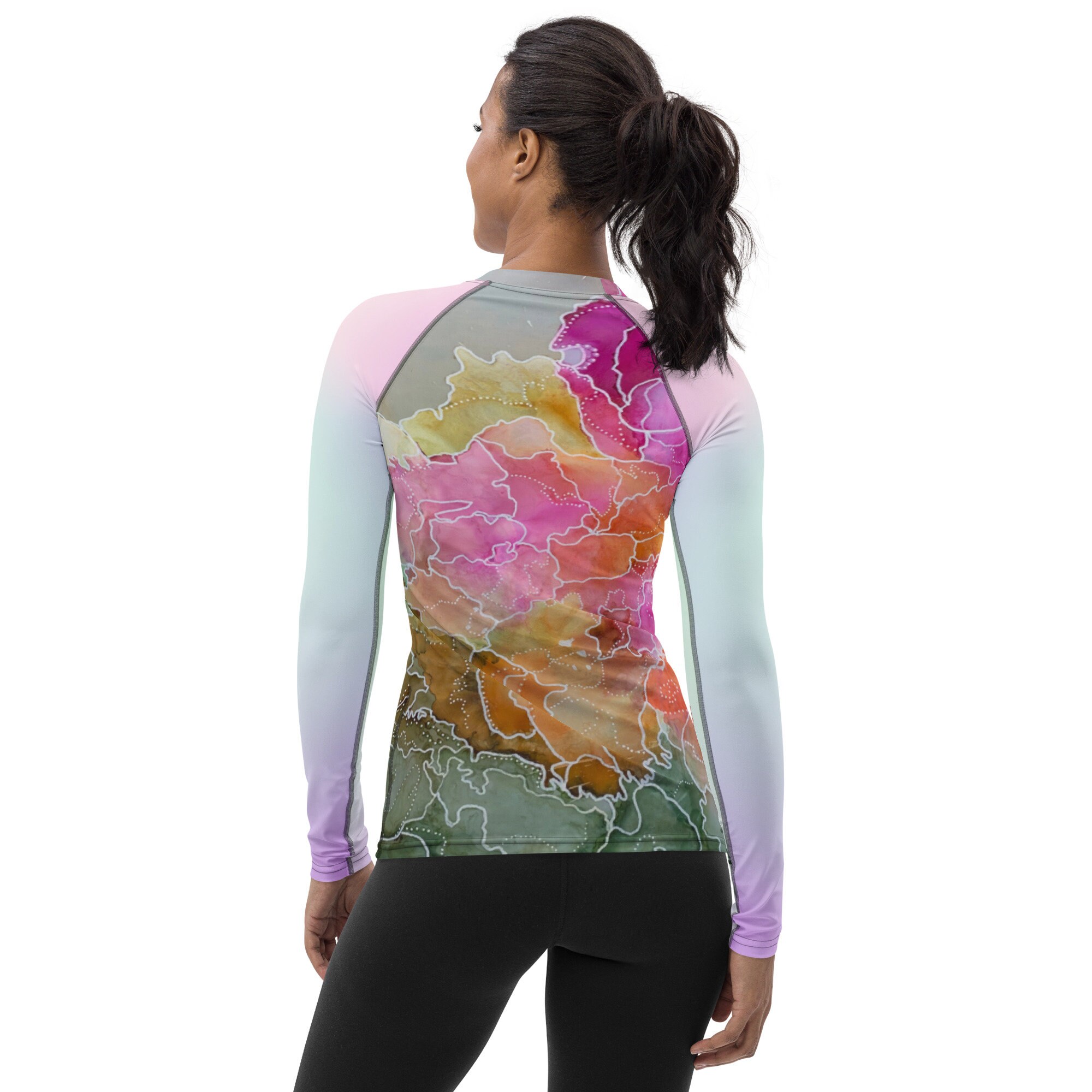 Women's Rash Guard Abstract Art Print Pink Sleeves Woman Kayaking ...