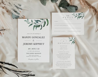 EMILY | Minimal Greenery Wedding Invitation Suite Template, Garden Wedding Invitation, Instant Download Template E101