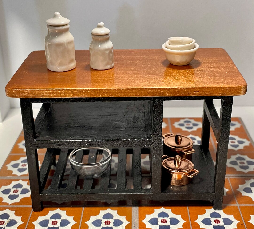 Dollhouse Miniature Wooden Kitchen Island/ copper Top on Black Base