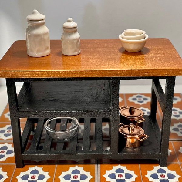 Dollhouse Miniature Wooden Kitchen Island/ "Copper" top on black base/Hand-painted/ 1:12th scale