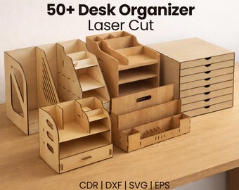 Más de 50 organizadores de escritorio cortados con láser, modernos organizadores de madera para oficina (cdr, dxf, svg, eps)