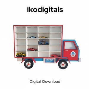 May include: A red, white, and blue toy truck-shaped shelf with multiple compartments, holding various toy cars. The truck has black wheels and the text "Cowboy Transport Co." The text "ikodigitals" and "Digital Download" are also visible.