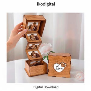 May include: A wooden photo box with a heart-shaped design and the word "Love" engraved on the front. The box opens to reveal a series of connected photo frames. The image also includes the text "Digital Download".