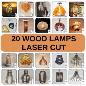 Può includere: Una collezione di 20 lampade in legno tagliate al laser in vari design. Le lampade includono forme geometriche, motivi a strati e forme organiche. Le lampade sono in tonalità marroni e legno naturale, con intagli intricati.